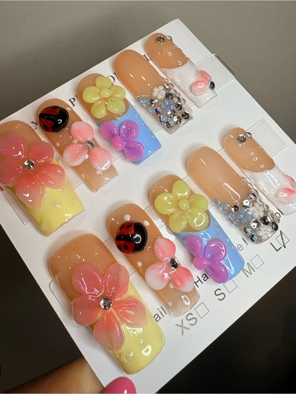 3D Floral Rhinestone Press-On Nail Set - Peach, Yellow, Blue, Pink